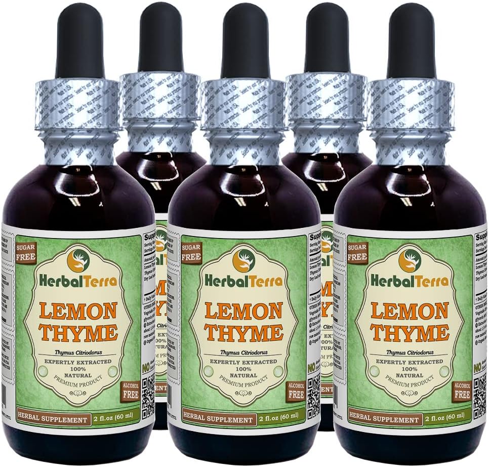 Lemon Thyme (Thymus x Citriodorus) Glycerite, Organic Dried Herb Alcohol-Free Liquid Extract (Brand Name: HerbalTerra, Proudly Made in USA) 2 fl.oz (60 ml) 6