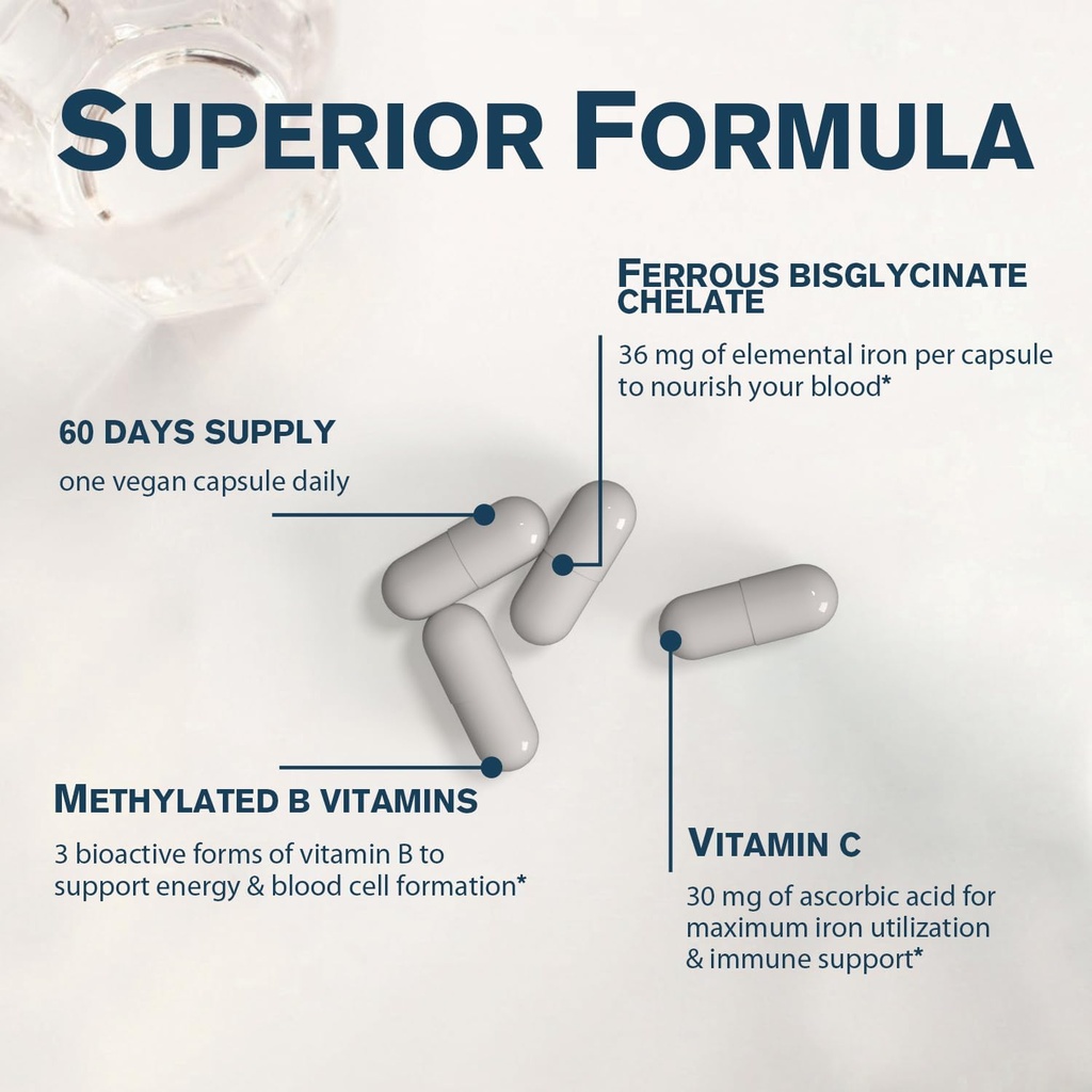 Iron Supplement for Women, 36 mg Elemental Iron, Non-GMO & Non-Constipating, Ferrous Bisglycinate, Plus B & C Vitamins, Blood-Building & Energy Support, 60 Vegan Caps 5