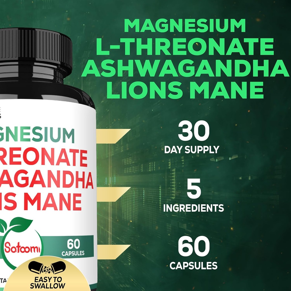 Satoomi 5in1 Magnesium L-Threonate with Mangesium Glycinate, Ashwagandha, Chelate & Lions Mane - 60 Capsules 4