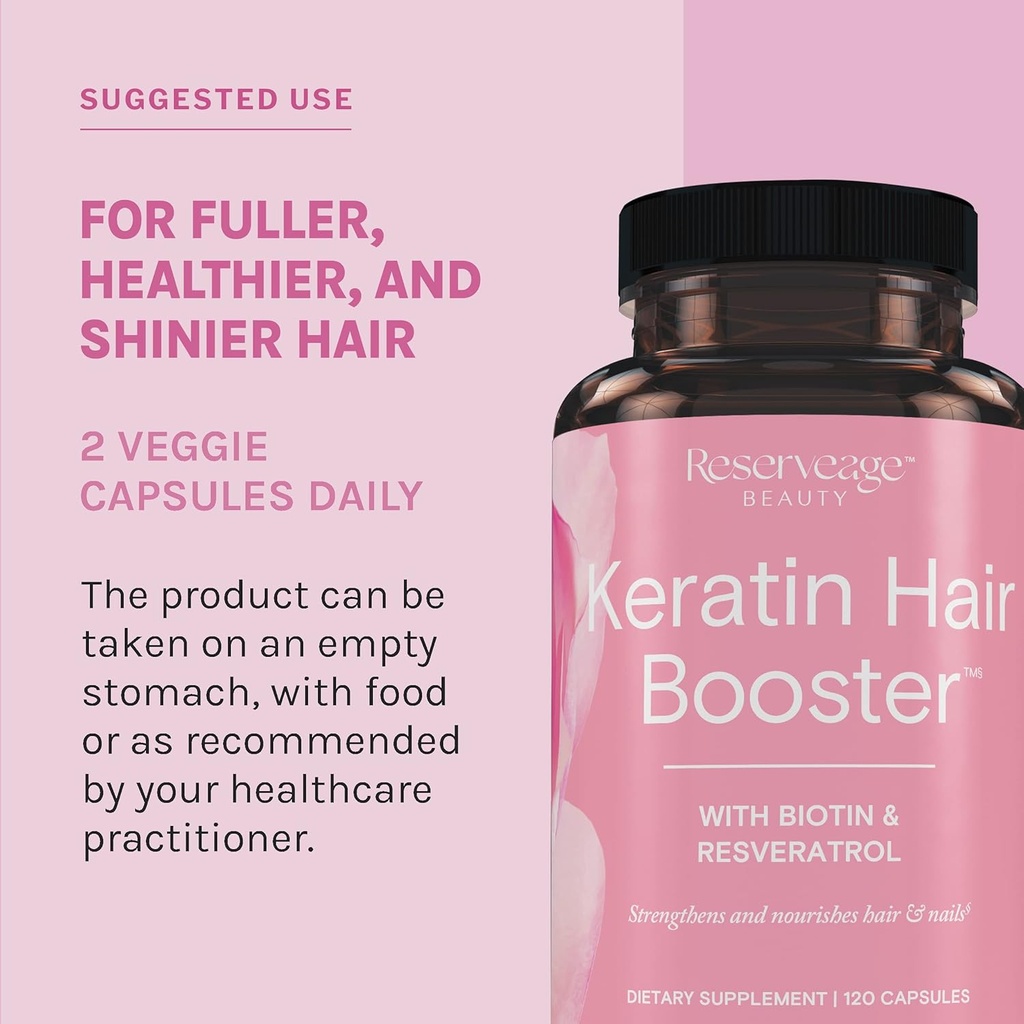 Reserveage Beauty Keratin Hair Booster with Biotin & Resveratrol - Hair & Nail Growth Supplement for Women - Supports Healthy Thickness & Shine with Biotin - 120 Capsules (60 Servings) 6