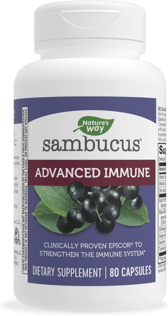 Nature's Way Sambucus Advanced Immune Capsules with Black Elderberry, Vitamin C, Vitamin D, Echinacea and Zinc, Immune System Support with EpiCor*, 80 Capsules 2