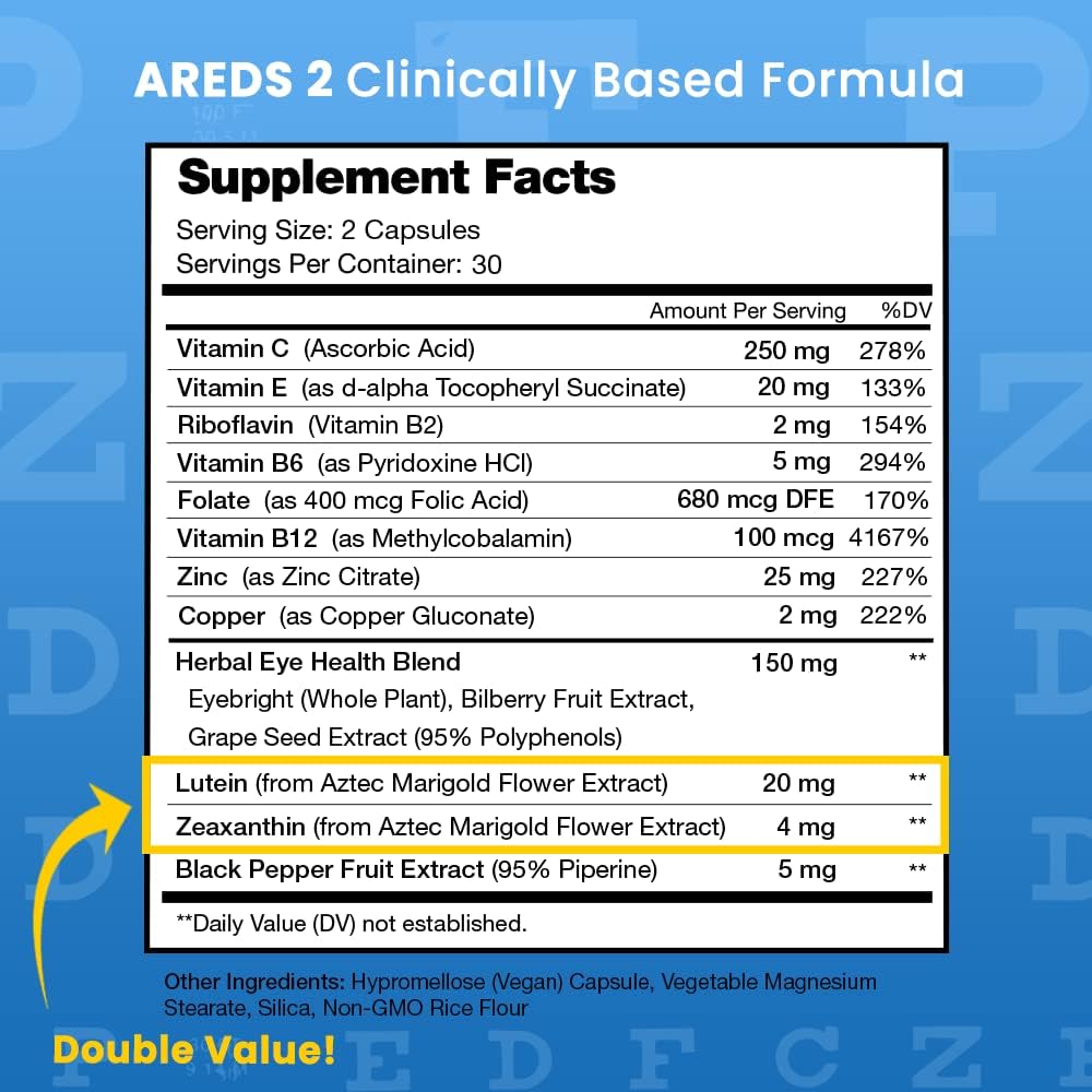 AREDS 2 Eye Vitamins | Lutein & Zeaxanthin Supplement | AREDS2 Plus Multivitamin Eye Health Supplement with Carotenoids, Bilberry Extract | Vitamins for Dry Eyes & Vision Health | 60 Vegan Capsules 3