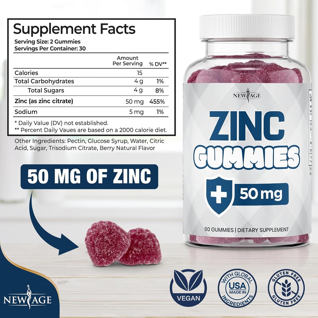 NEW AGE Zinc Gummies - 50mg High Immune Booster Zinc Supplement, Immune Defense, Powerful Natural Antioxidant, Non-GMO 180 Count (Pack of 3) 3
