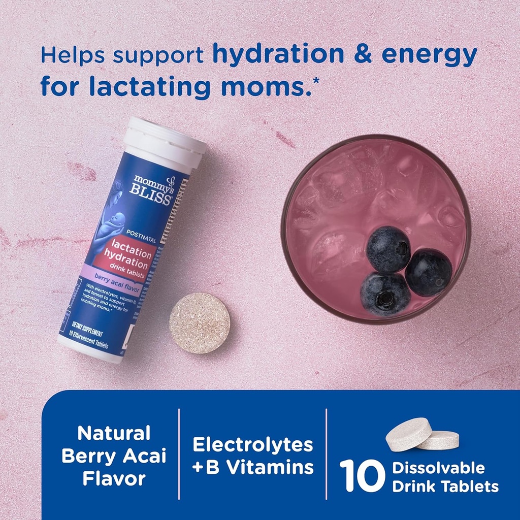 Mommy's Bliss Lactation Hydration Drink Tablets, Berry Acai Flavor, Electrolyes + B Vitamins, 1 Pack (10 Tablets) 3