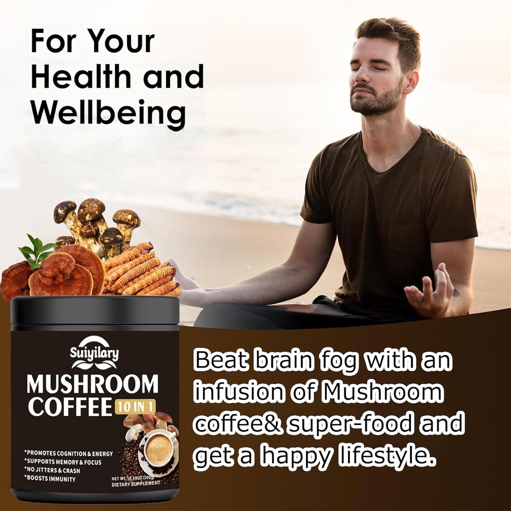 Mushroom Coffee, 10 Mushroom Extract Powder Blend Lion's Mane, Reishi, Chaga, Cordyceps, Turkey Tail, Brain Supplements with Instant Coffee for Energy, Focus, Memory and Immunity 300g 5
