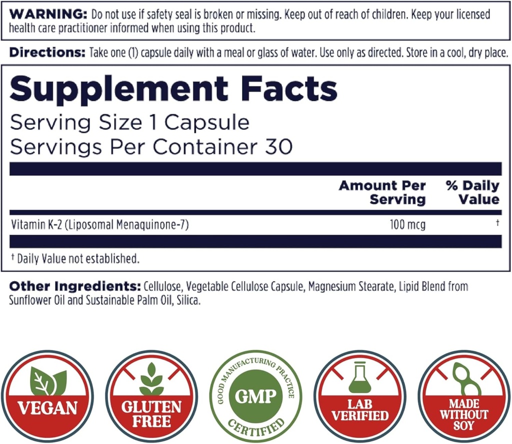 KAL Liposomal Vitamin K2 Supplement with MK7 100 mcg - High Absorption, Liposomal Technology - Advanced Bone Support - Vegan, Gluten Free, Made Without Soy, 30 Servings, 30 VegCaps 3