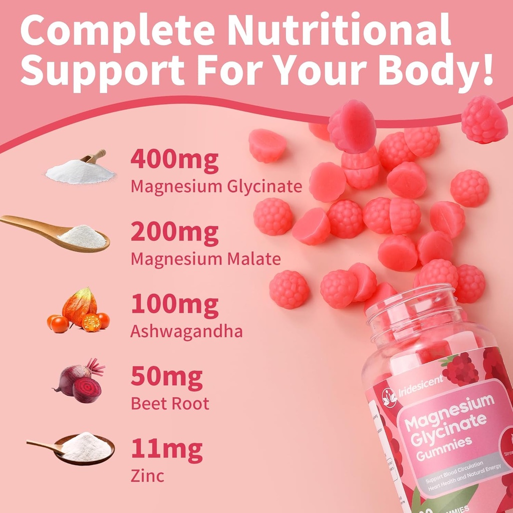 Magnesium Glycinate Gummies 400mg, Sugar Free Magnesium Supplement w/Ashwagandha, Zinc, Vegan Magnesium Glycinate Supplement for Adults - 120 Strawberry Gummies 4