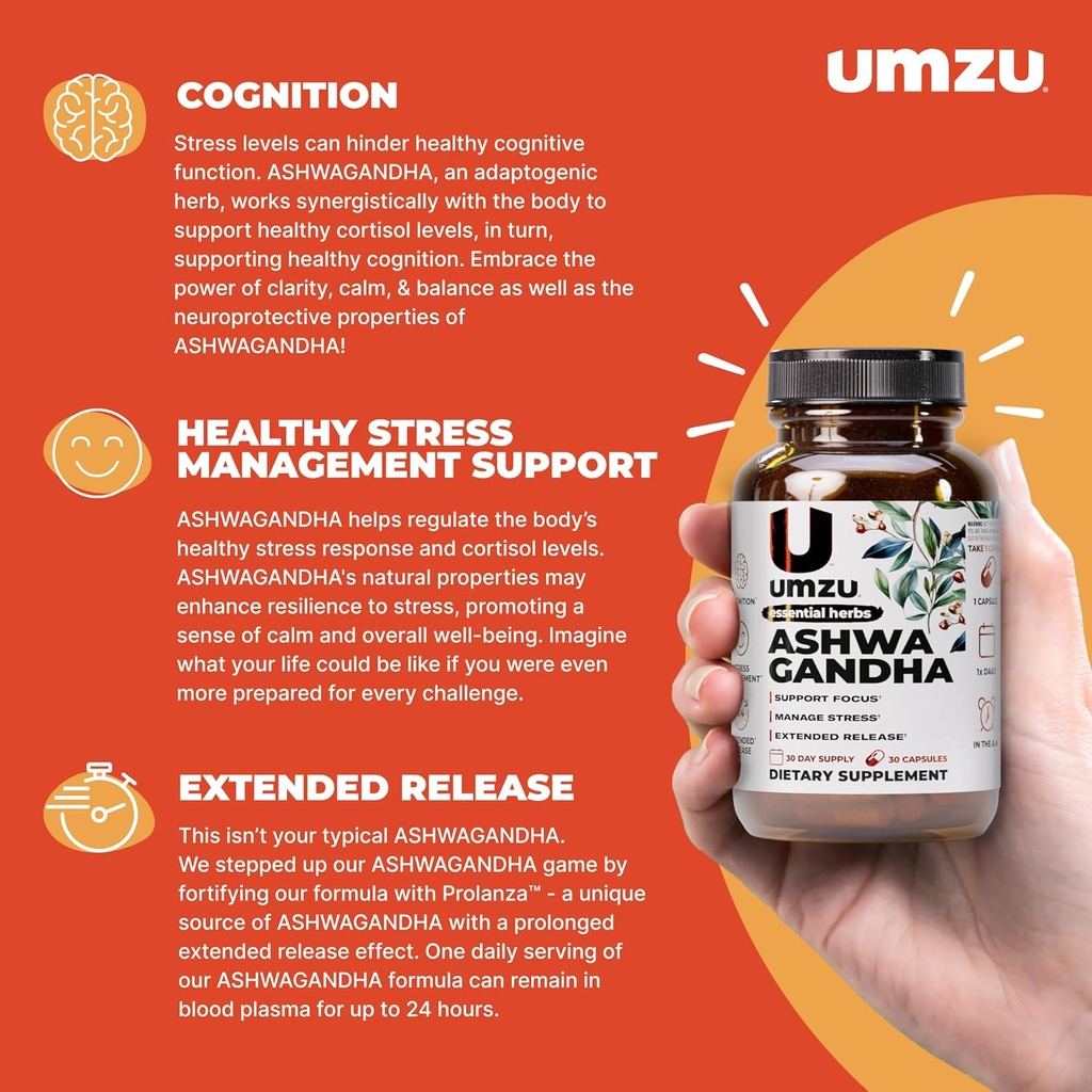 UMZU Ashwagandha Advanced Stress & Cortisol Support Supplement, Memory, Focus, Cognition, 24-Hour Extended Release (30 Day Supply | 30 Capsules) 3