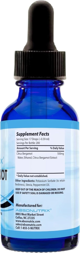 Absonutrix Citrus Bergamot Extract 500 mg, 4 Fl Oz Bottle, 200 Potent Servings, Easy-to-Consume Liquid Drops, Quick Absorption, Gluten-Free, Third-Party Tested, GMP-Certified, Non-GMO, Made in USA 5