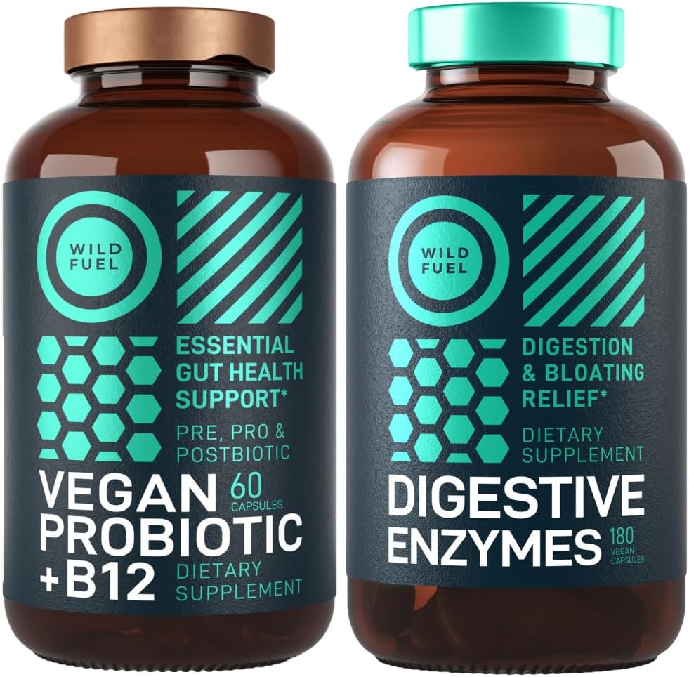 Digestive Enzymes with Probiotics and Prebiotics and Vegan Probiotic Plus B12 Enhanced Digestive and Gut Health Bundle 2