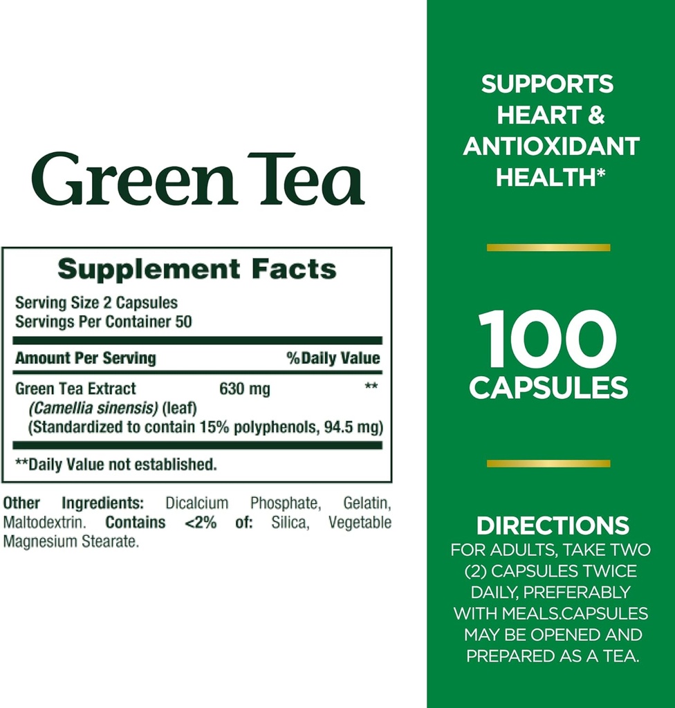 Nature's Bounty Green Tea Pills and Herbal Health Supplement, Supports Heart and Antioxidant Health, 315mg, 100 Capsules (Pack of 2) 2