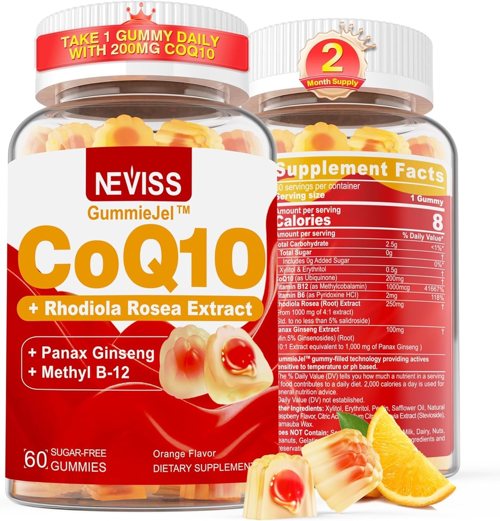 Sugar Free CoQ10-200mg 400mg Filled Gummies - 2 Months Supply - w/ Vitamin B12 1000mcg, Rhodiola Rosea & Panax Ginseng, B6, Coenzyme Q10 Supplement for Hear-t, Energy, Antioxidant, Ultra Absorption 2