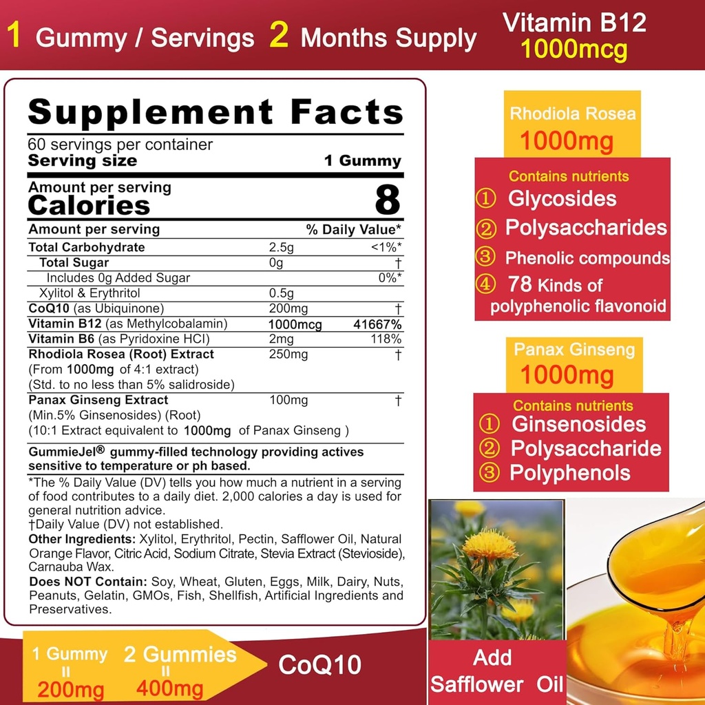 Sugar Free CoQ10-200mg 400mg Filled Gummies - 2 Months Supply - w/ Vitamin B12 1000mcg, Rhodiola Rosea & Panax Ginseng, B6, Coenzyme Q10 Supplement for Hear-t, Energy, Antioxidant, Ultra Absorption 4