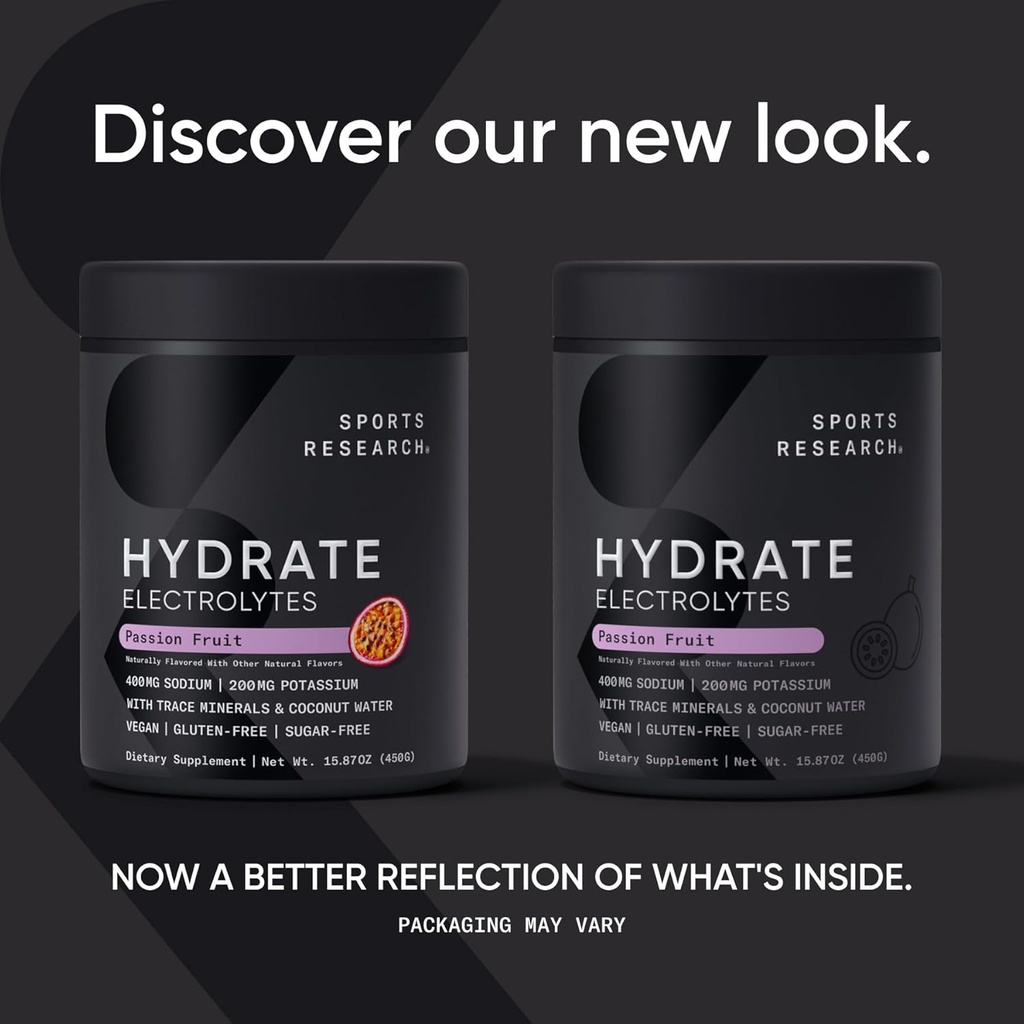 Sports Research® Hydrate Electrolytes Powder - Sugar-Free & Naturally Flavored with Vitamins, Minerals, and Coconut Water - Supports Hydration - Passion Fruit - 90 Servings 3