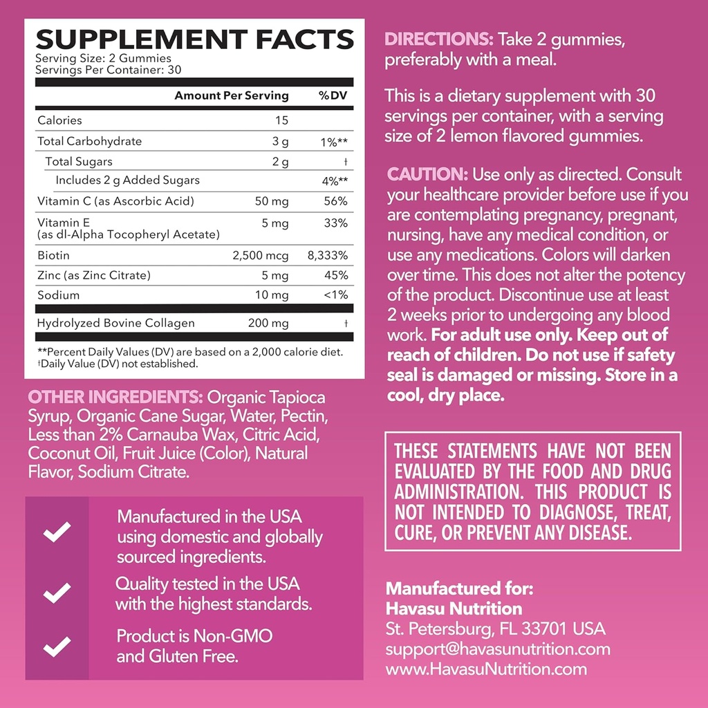 Collagen Gummies for Women and Men with 2500mcg Biotin, Zinc, Vitamin C & E - Hydrolyzed Collagen Gummies for Hair, Skin & Nail Support - Biotin and Collagen Gummies - Lemon Flavor - 30 Servings 3