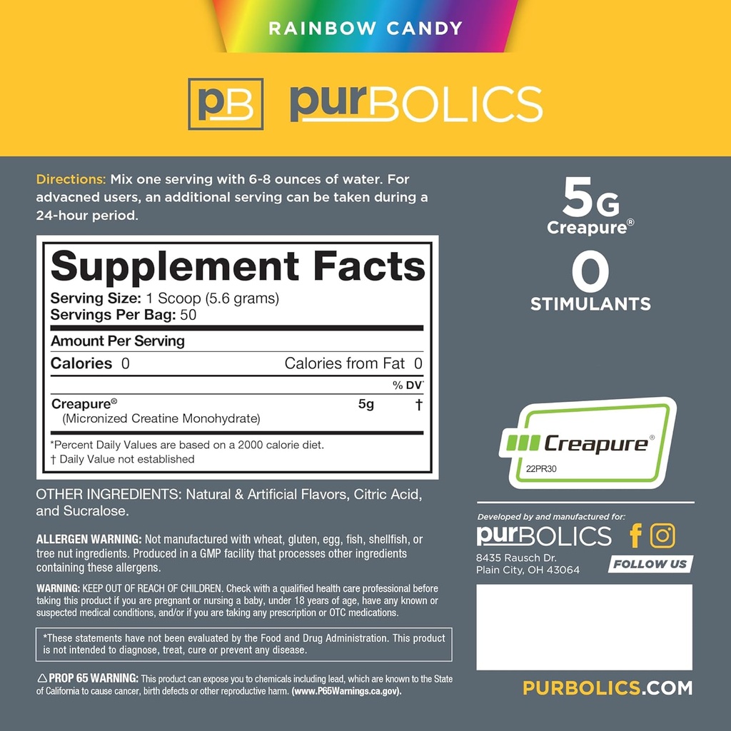 Purbolics Creapure Creatine Monohydrate, Micronized Creatine 5g, Elevate Workout Performance and Recovery, Build Strength, Enhance Pumps (50 Servings, Rainbow Candy) 3