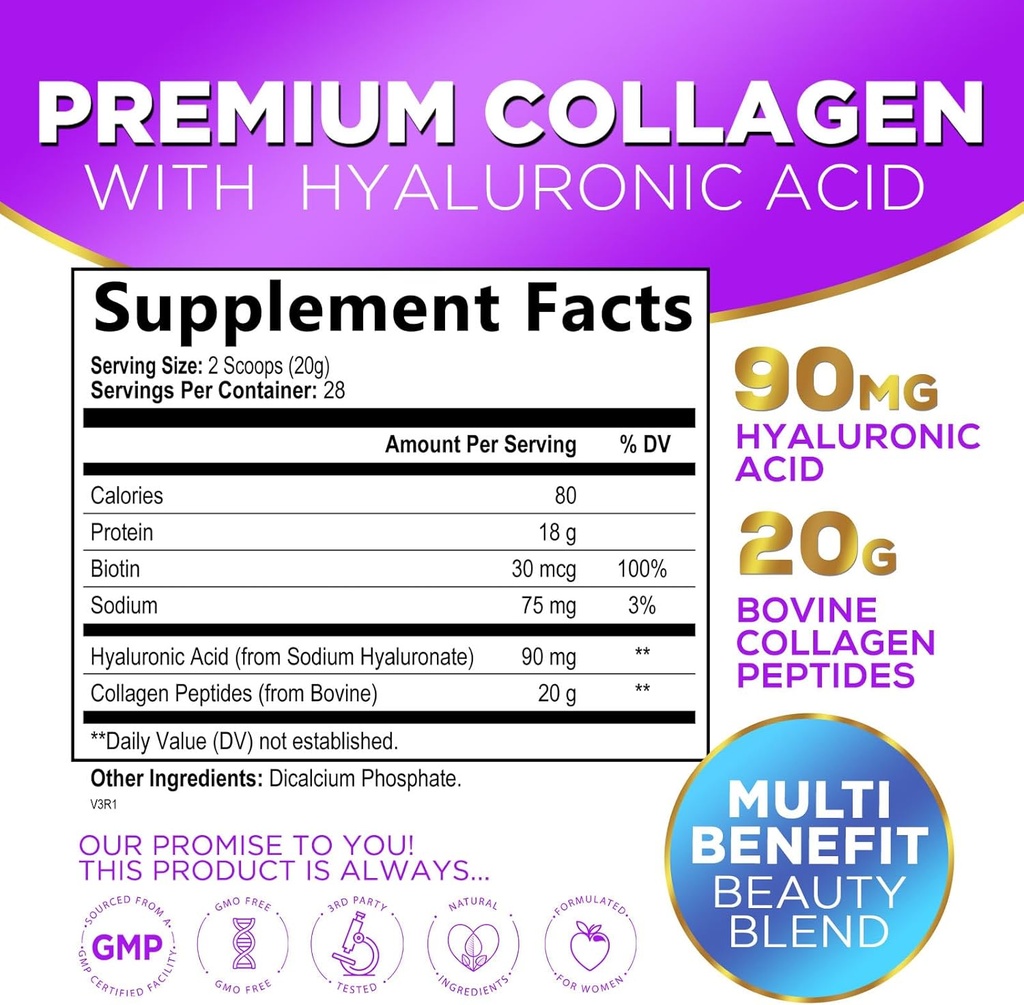 Collagen Peptides Powder 20G with Hyaluronic Acid & Biotin, Unflavored Grass Fed Hydrolyzed Powder Type I & III - Supports Hair, Nail, Skin, Bone & Joint - Best Collagen Supplements - 28 Servings 3