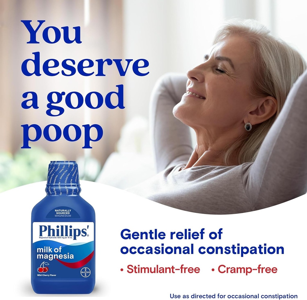Phillips’ Milk of Magnesia Liquid Laxative, Wild Cherry Flavor, Stimulant Free, Cramp Free Relief of Occasional Constipation*, Effective in 30 minutes - 6 hours, #1 Milk of Magnesia Brand, 26 oz 3