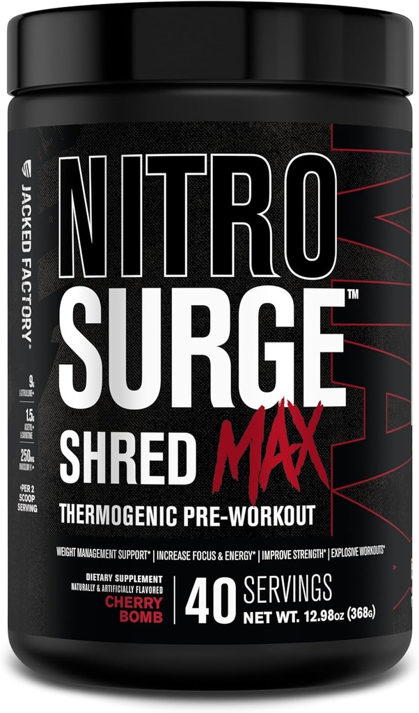 Jacked Factory Nitrosurge Shred Max Preworkout - High-Performance Thermogenic Pre Workout Powder for Men and Women with L Citrulline, Acetyl L Carnitine, Organic Caffeine - 40 Servings, Cherry Bomb 2