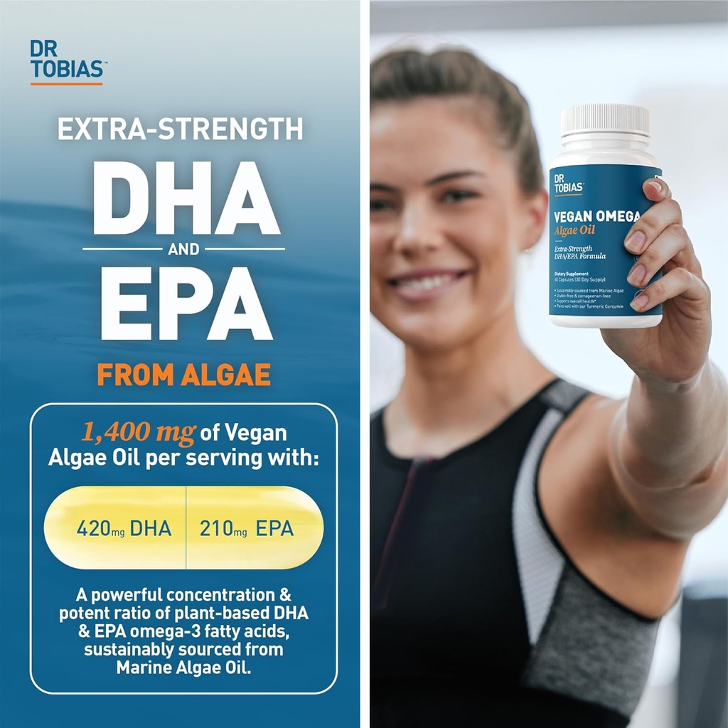 Dr. Tobias Vegan Omega 3 Algae Oil and Blood Pressure Support Supplement, Supports Normal Circulatory Health, Gut Immune Function and Overall Wellness, Non-GMO 3