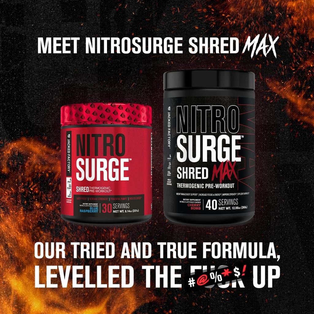 Jacked Factory Nitrosurge Shred Max Preworkout - High-Performance Thermogenic Pre Workout Powder for Men and Women with L Citrulline, Acetyl L Carnitine, Organic Caffeine - 40 Servings, Cherry Bomb 6