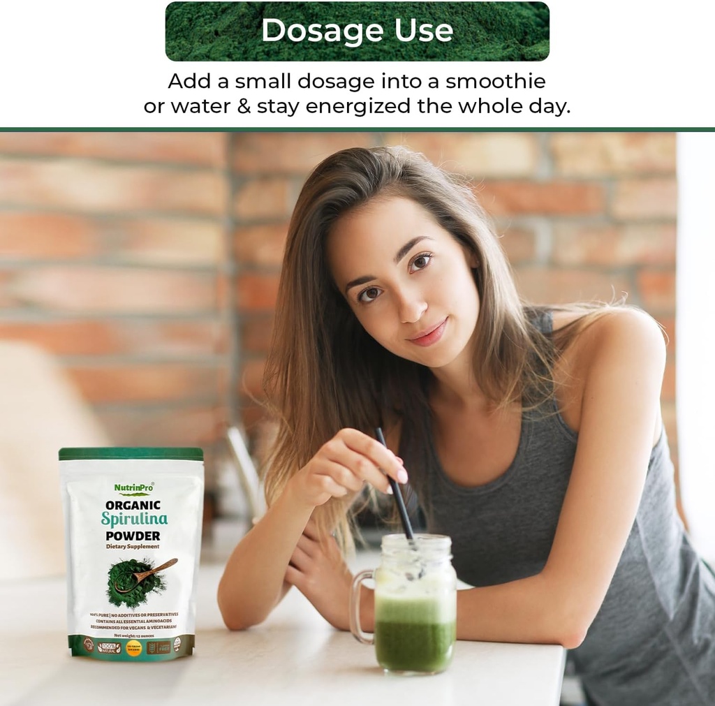 USDA Organic Spirulina Powder for Juice and Smoothy Mix; 100% Natural and Gluten Free, with High Protein, Vitamins, Antioxidants and Minerals (12 Ounces) (1) 6