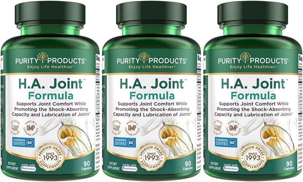 Purity Products HA Joint Formula Hyaluronic Acid + Key CoFactors - Joint + Skin Multi Collagen (Type I, II & III) - 5-Loxin - Olive Fruit Extract - Joint Flexibility + Mobility - 90 Capsules (3) 2