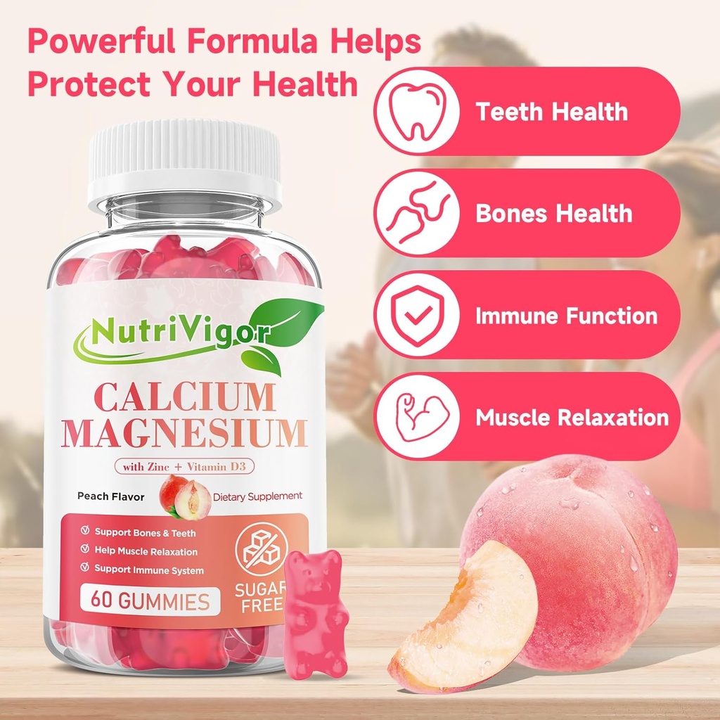 Calcium Gummies 600mg with Vitamin D3, Calcium Magnesium Zinc Gummies for Bone & Immune Support, Calcium Supplement for Women & Men, Sugar Free, Vegan, Peach Flavor, 60 Count 3