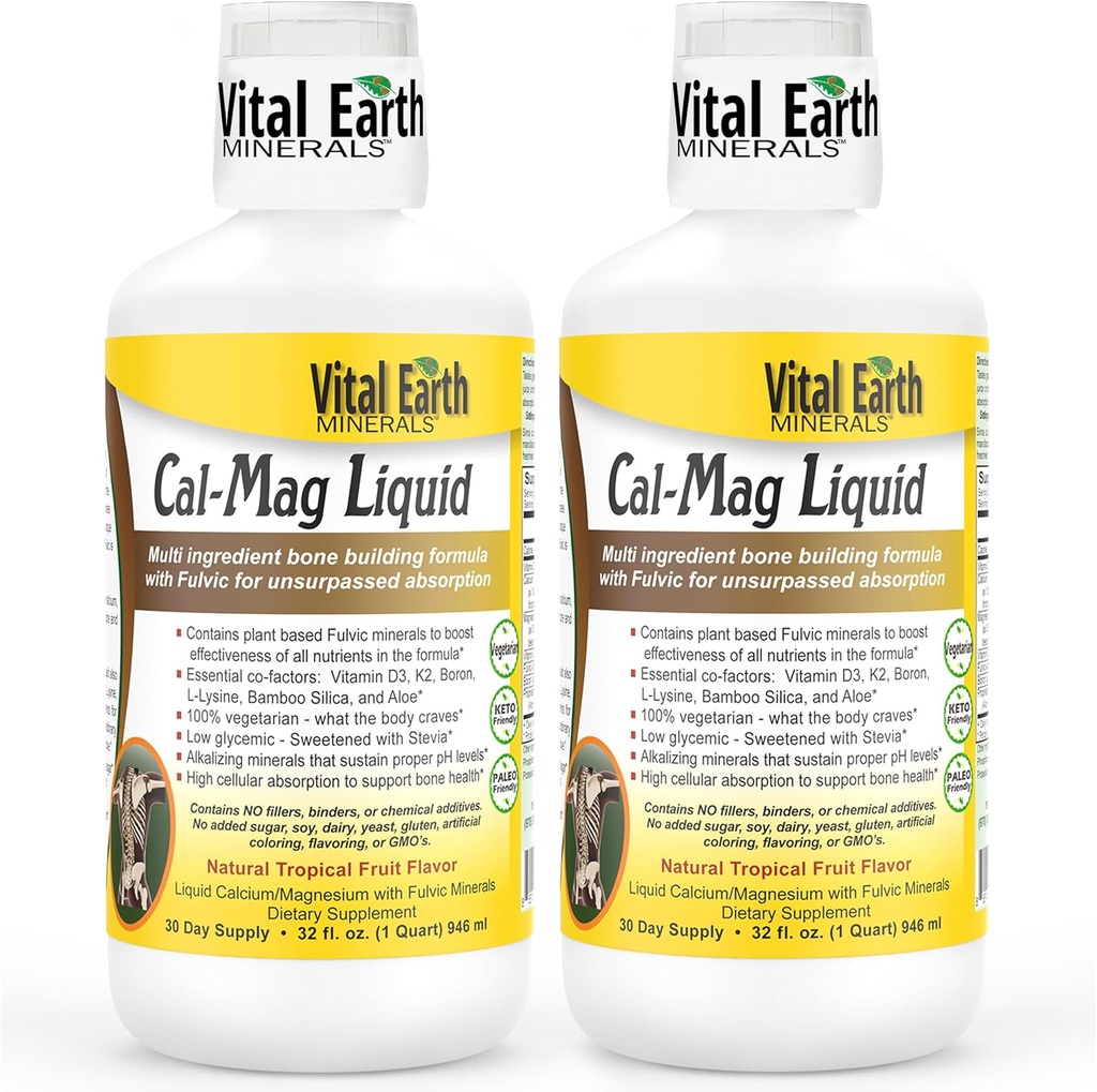 Vital Earth Minerals Cal-Mag Liquid – Calcium Magnesium Supplement with Vitamin D3, K2, Boron, and Fulvic Acid for Faster Absorption, 32 Oz Ea + 1 Oz Cup 2
