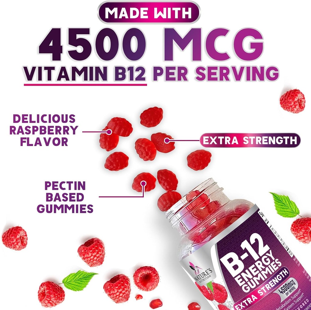 B-12 Vitamin Energy Gummies 4500mcg - Extra Strength B12 Gummy Chewables for Energy Metabolism & Immune Support - Dietary Supplement for Women, Men, & Kids - Non-GMO, Vegan, Berry Flavor - 120 Count 4