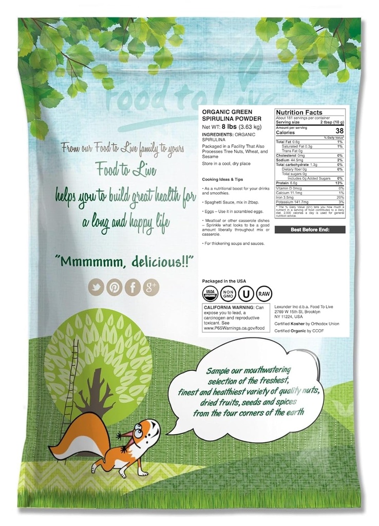 Food to Live Organic Spirulina Powder, 8 Pounds — Non-GMO, Kosher, Raw Blue-Green Algae, Vegan Superfood, Bulk, Non-Irradiated, Pure Vegan Green Protein, Rich in Vitamins & Minerals, Great for Drinks 3