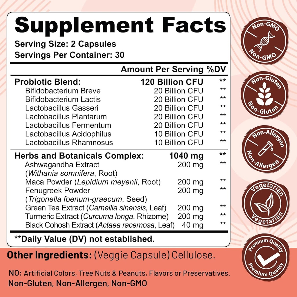 Menopause supplements for women, 120 Billion CFU Probiotic, 13-in-1 Herbs & Botanicals Complex, for Hormone Menopause, Hot Flashes, Night Sweats, Mood Swings, Sleep Disturbances, Vegan, 120 Caps 3