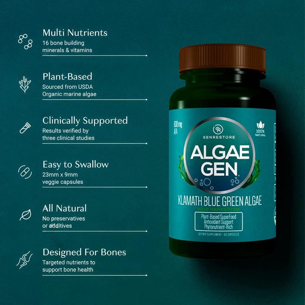 Genrestore: Natural AFA Stem Cell Celulas Madres Klamath Blue - Green Algae More Effective Than Spirulina or Chlorella Phytonutrient- Rich, Superfood 600mg Aphanizomenon Flos-Aquae (1) 5