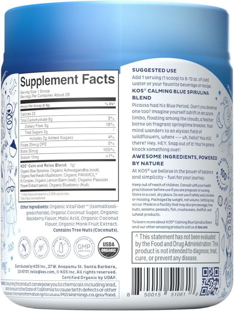 KOS Calming Blue Spirulina Blend- USDA Certified Organic - Algae Superfood Powder with Ashwagandha Root, Lemon Balm, Reishi Mushroom, B Vitamins - Berry Coconut Cooler Flavor, 28 Servings 3
