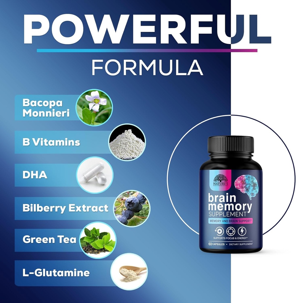 Brain Memory Supplement Pills - 3X Strength Nootropics for Concentration, Clarity & Focus Support - Brain Health Cognitive Vitamins with Bacopa, Phosphatidylserine & DMAE, Brain Booster - 60 Capsules 4