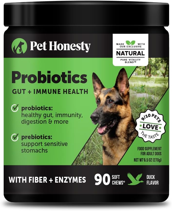 Pet Honesty Probiotics for Dogs for Occasional Diarrhea & Bowel Support, Digestive Enzymes with Prebiotics for Gut Health for Dogs, Immunity Health & Itch Relief (Duck 90 ct) 2