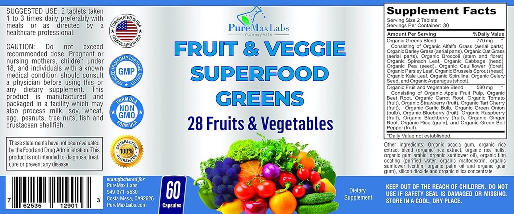 Fruit and Veggie Superfood Greens - 28 Fruits and Vegetables incl. Alfalfa, Barley Grass, Spirulina, Beet Root, Tart Cherry, Concentrated Natural Antioxidants- 60 Tablets 6