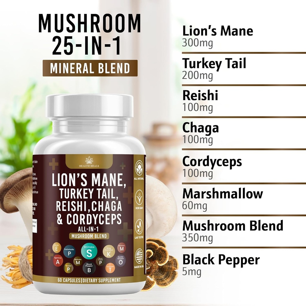 Mushroom Supplement with Lion's Mane Turkey Tail Reishi Cordyceps Chaga Marshmallow Root - 120 Count 4