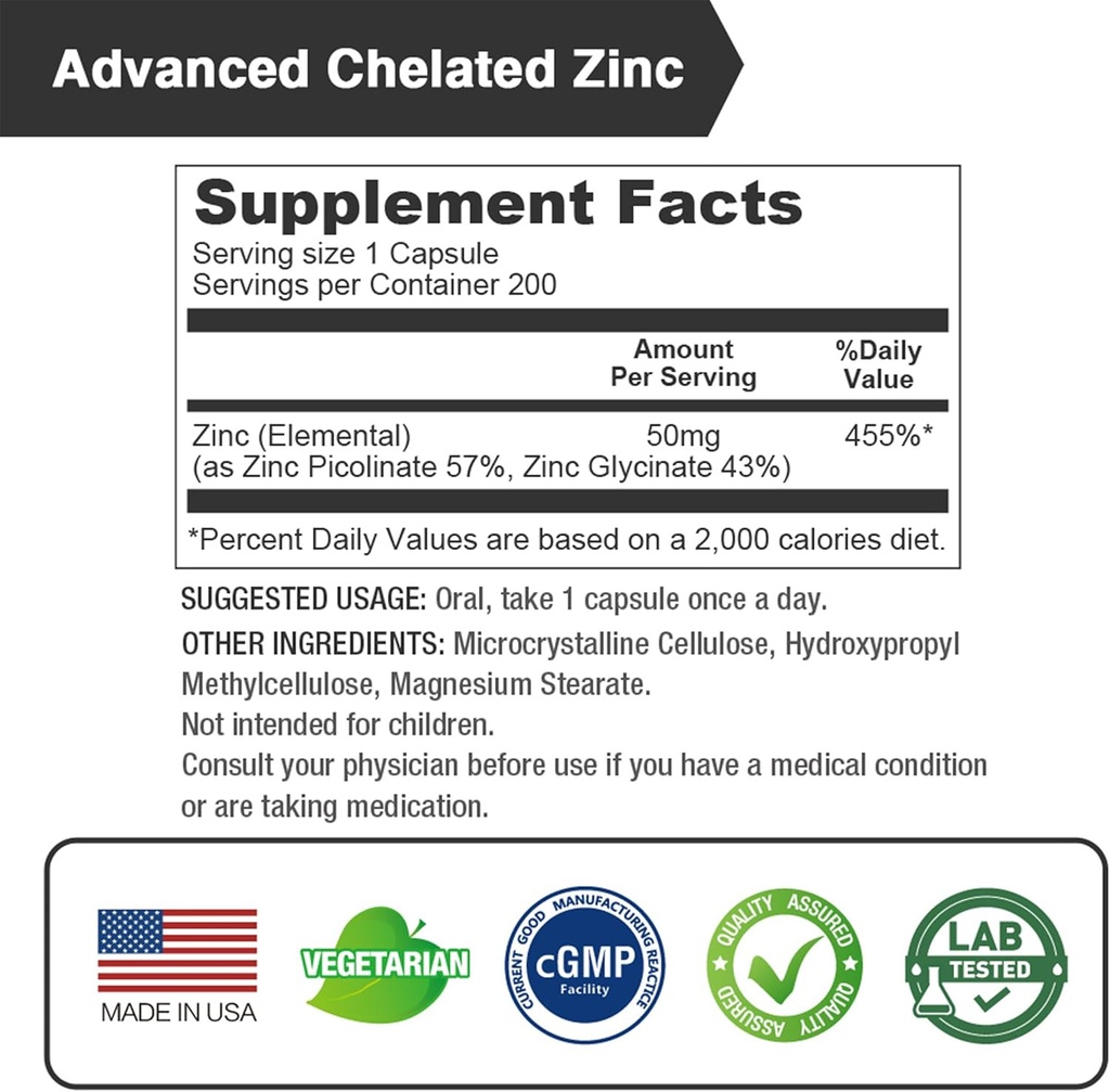 LOVITA Zinc 50mg | Potent Highly-Absorbed Chelated Zinc Supplements, Picolinate & Bisglycinate | Vegan, Gluten Free, non-GMO | For Immune, Antioxidant Support & Healthy Skin | 200 Capsules (Pack of 3) 3