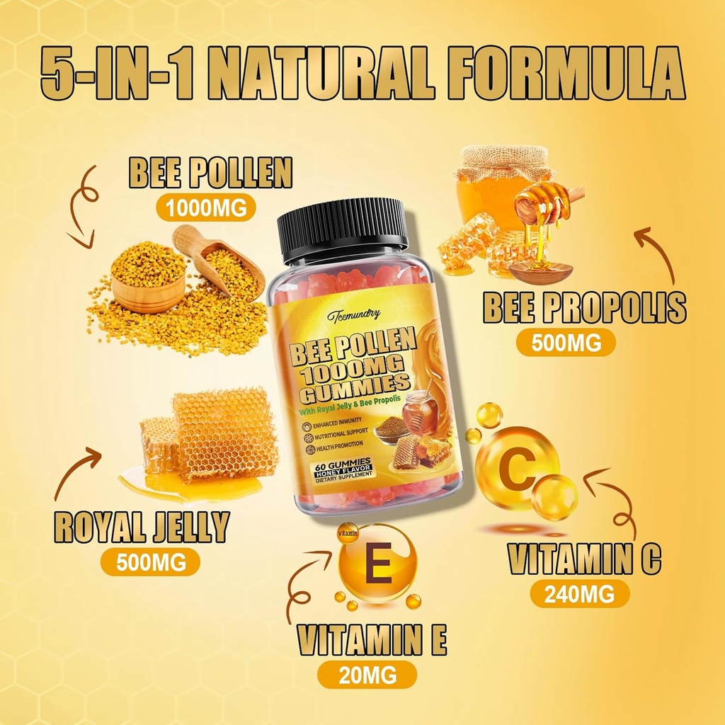 Bee Pollen 1000MG Gummies with 500MG Royal Jelly & Bee Propolis, Sugar Free Bee Pollen Supplement Rich in Vitamin C & E, Vegetarian, Non-GMO, Gluten Free, Support Immunity & Skin Health (120 Count) 4