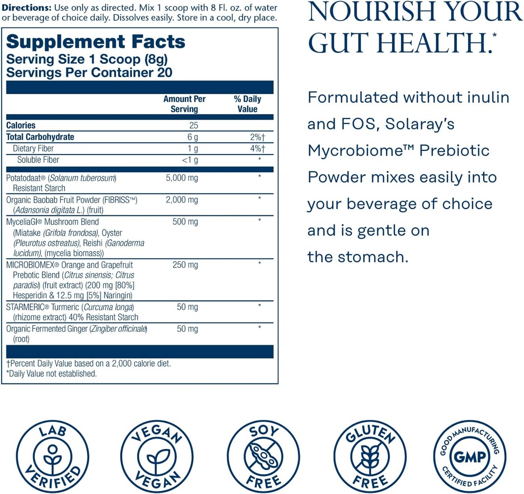 SOLARAY Mycrobiome Prebiotic Powder, Prebiotics for Women and Men, Digestive Nutritional Supplements for Colon and Gut Health, Easy-to-Mix, Non-Bloating Formula, Citrus Flavor, 20 Servings, 5.64 OZ 3