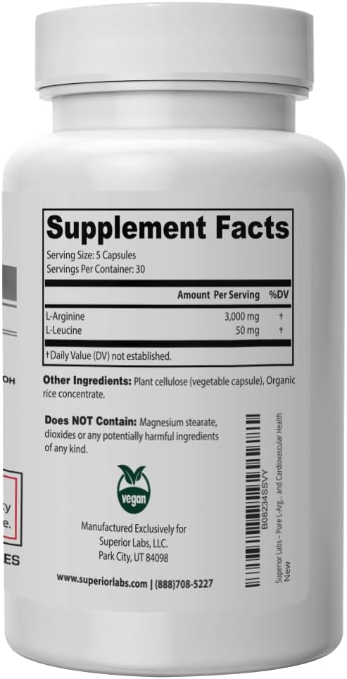 Superior Labs L-Arginine 3000mg, Pure Non-GMO, High-Potency Amino Acid, Nitric Oxide & Vasodilation Booster for Blood Flow, Supports Energy and Endurance, Muscle Pump & Heart Health, 150 Veg Caps 4