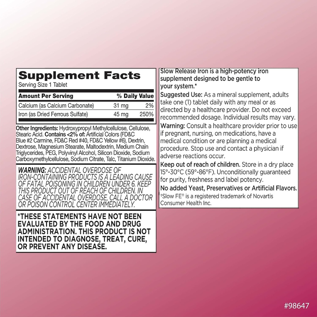Quality Choice Iron High Potency Slow Release Tablets, 45mg, 60 Tabets Each (Pack of 8) 3