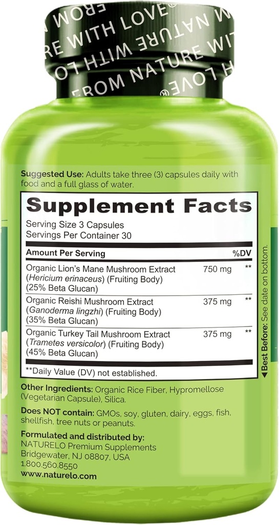 NATURELO Mushroom Supplement – Brain & Immune Health Blend with Lion’s Mane, Reishi, Turkey Tail – 90 Vegan Friendly Capsules (Pack of 2) 4