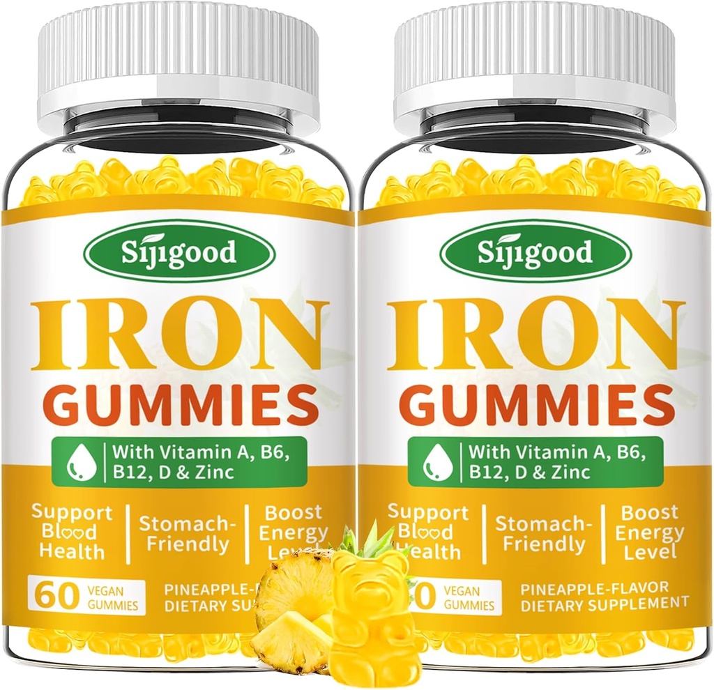 2 Pack Iron Gummies for Women & Men - Vegan Iron Supplement for Anemia & Iron Deficiency, with Vitamin B12, Vitamin C, Zinc, Folate - Energy Boost, Sugar-Free, Pineapple Flavor, 120 Count 2