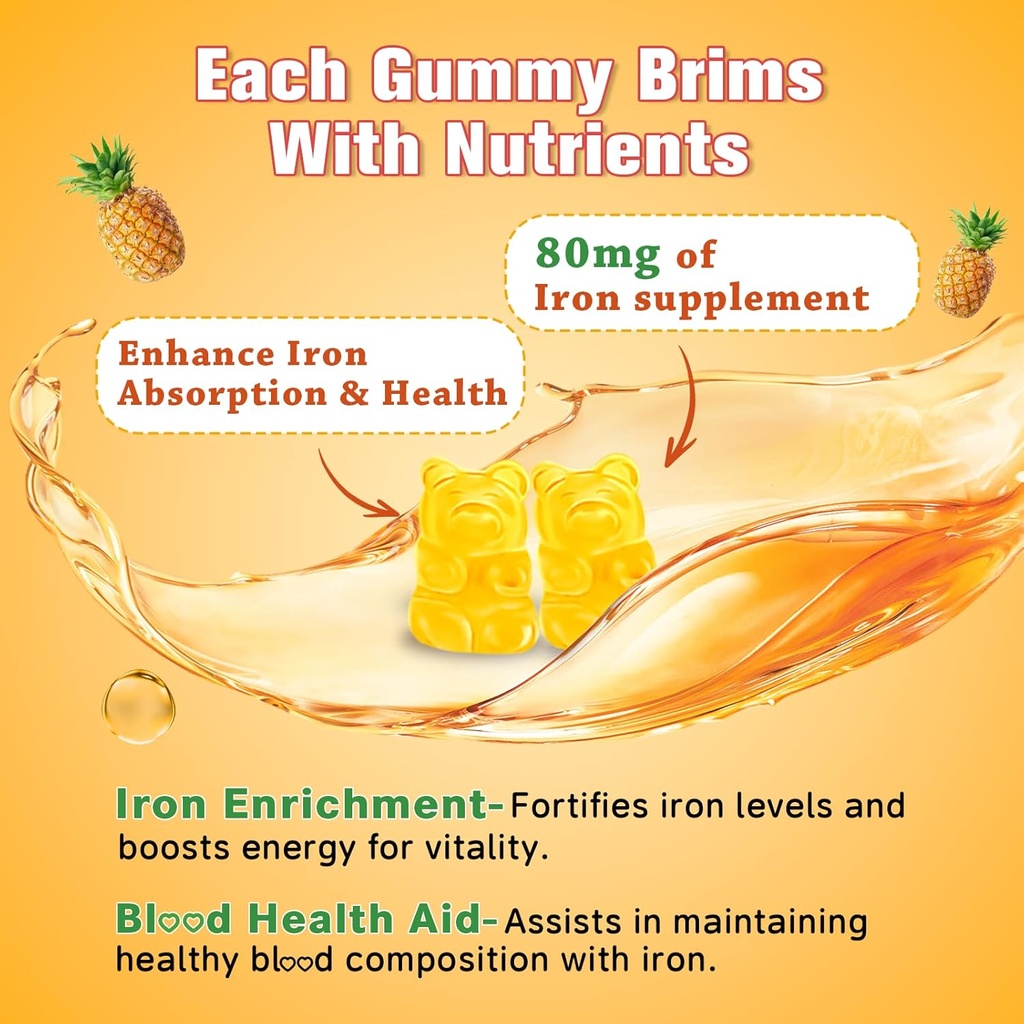 2 Pack Iron Gummies for Women & Men - Vegan Iron Supplement for Anemia & Iron Deficiency, with Vitamin B12, Vitamin C, Zinc, Folate - Energy Boost, Sugar-Free, Pineapple Flavor, 120 Count 3
