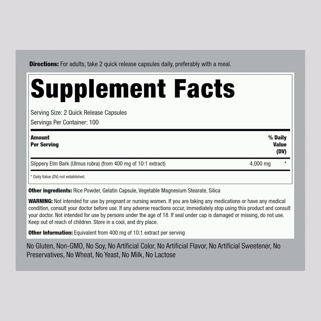 Piping Rock Slippery Elm Bark Capsules | 4000mg | 200 Pills | Herb Supplement for Women and Men | Non-GMO, Gluten Free 3