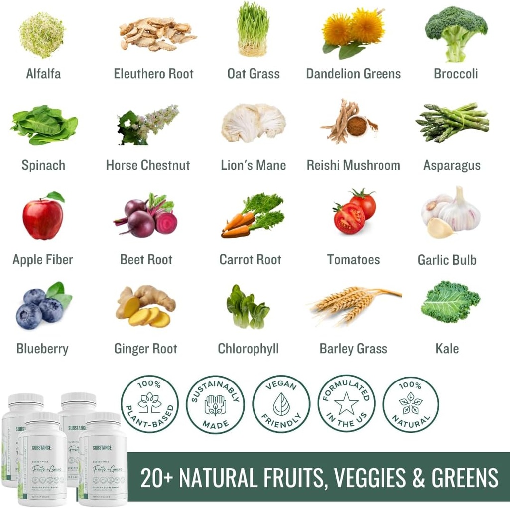 SUBSTANCE. 4-pck Nature's Sustenance Daily Greens, Daily Fruit and Veggies Supplement - Enhance Energy, Mental Clarity - Fruits and Vegetables Supplements - US Made, Vegan-Friendly - 120 Servings. 3