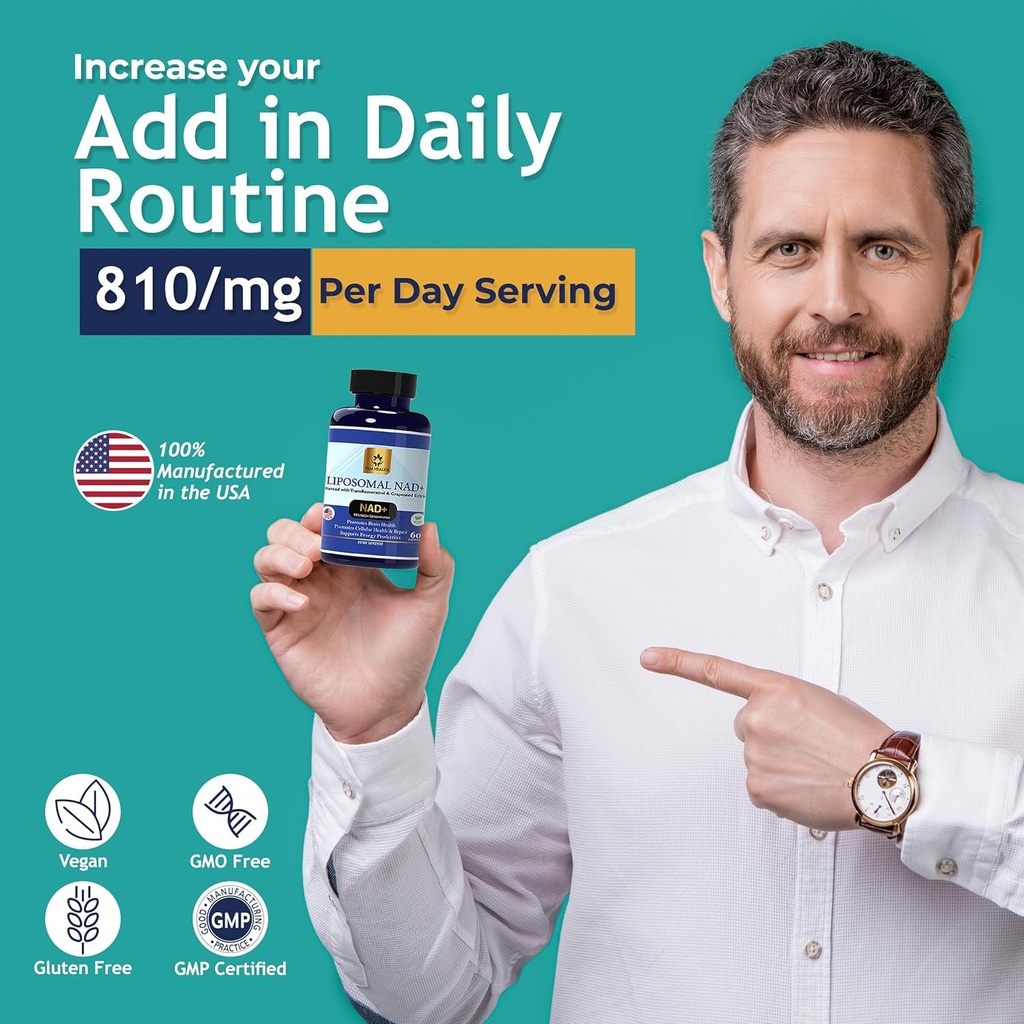Liposomal NAD Nicotinamide Riboside Equivalent with Trans-Resveratrol 300mg, - Premium Halal NAD Supplement for Energy Metabolism, DNA Repair and Longevity, Vegan, Non-GMO (Pack of 1, 810 mg) 6