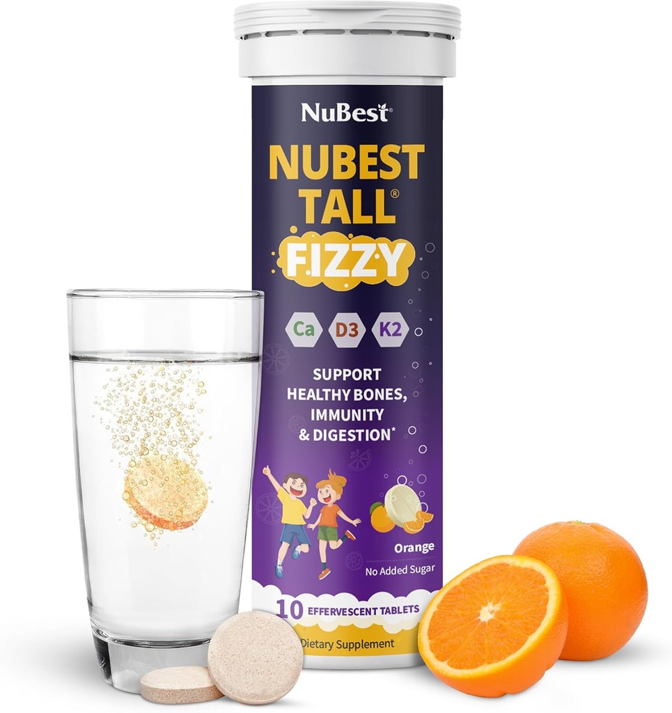 NuBest Tall Fizzy - Bone Strength, Immunity, Digestive Health for Kids Age 4+ & Teens | Probiotic, Calcium, Magnesium from Red Marine Algae, Vitamins | 10 Orange Effervescent Tablets | 2 Weeks Supply 2
